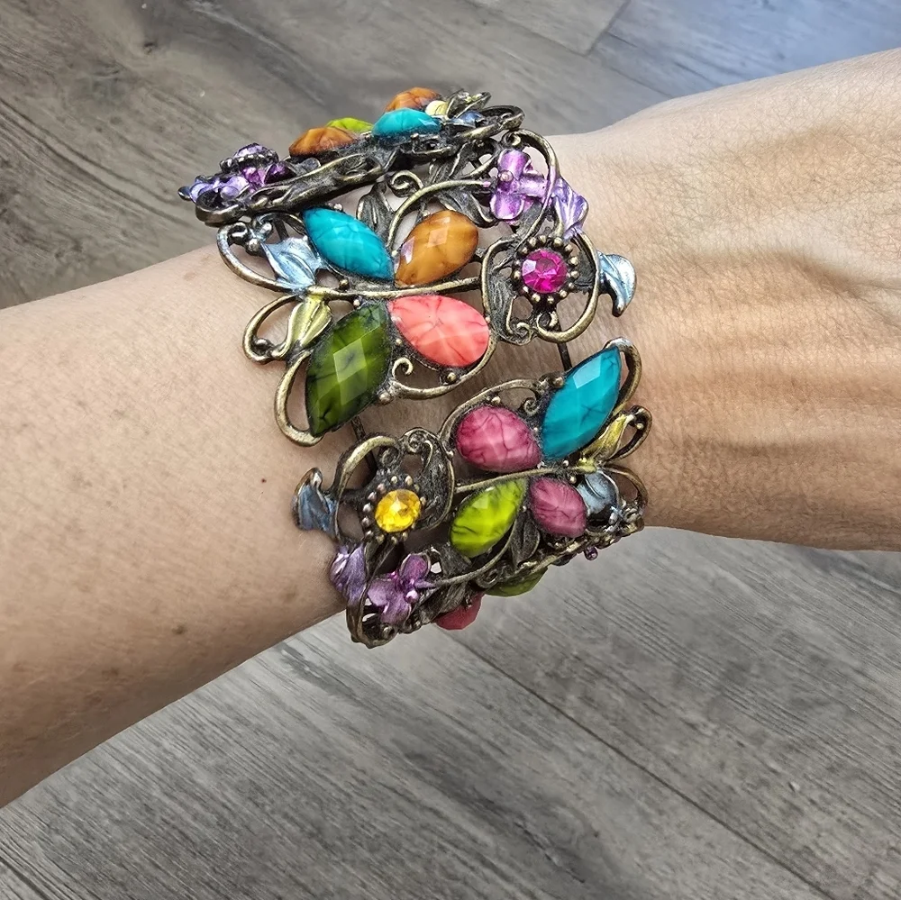 Butterfly Wide Cuff Multicolored Faceted Stone Abstract Colorful Boho Chic